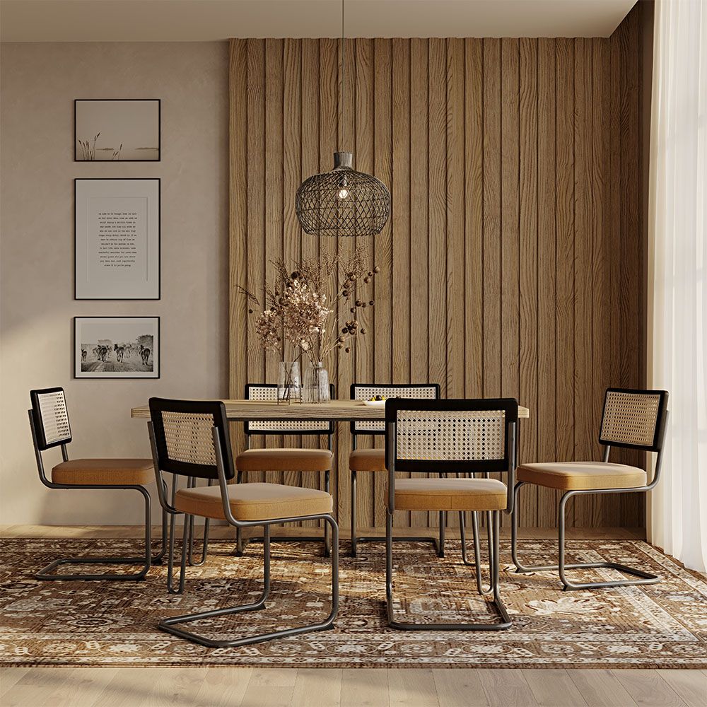 Pack Mesa de comedor Hairpin 150x90 & 6 Sillas Negras de Rejilla Ratán y Terciopelo - Nema