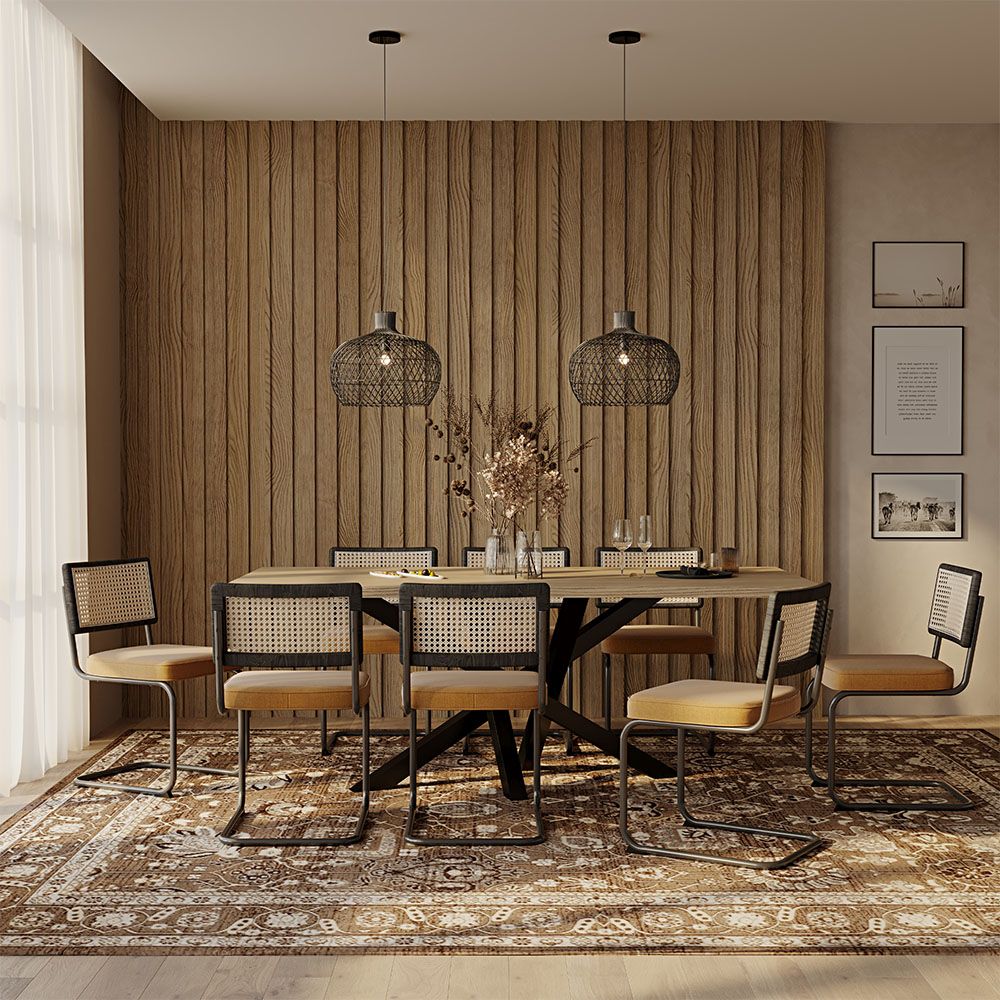 Pack Mesa Industrial (200cm) de madera & 8 Sillas de Rejilla de Ratán y Terciopelo - Nema