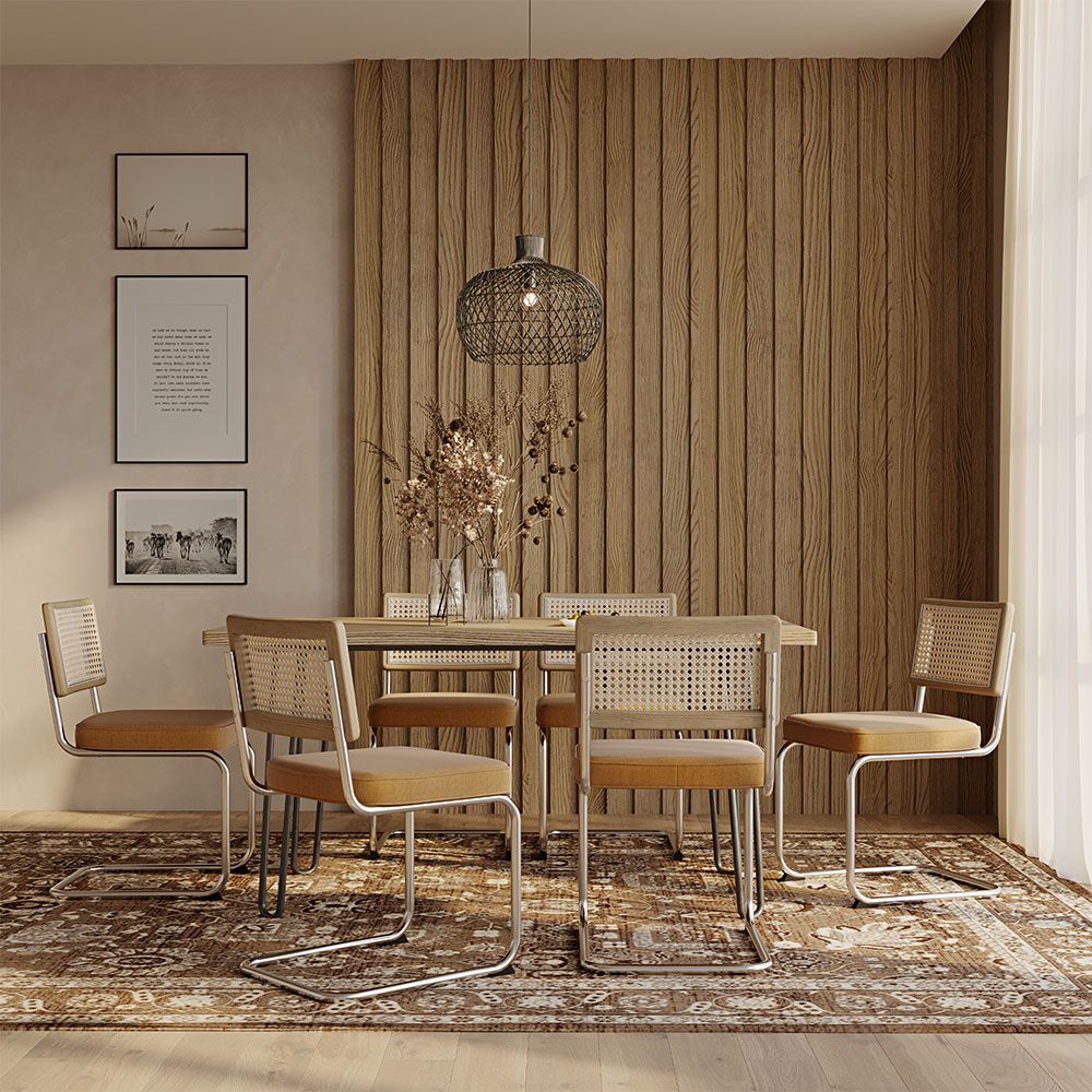 Pack Mesa de comedor Hairpin 150x90 & 6 Sillas Negras de Rejilla Ratán y Terciopelo - Wanda