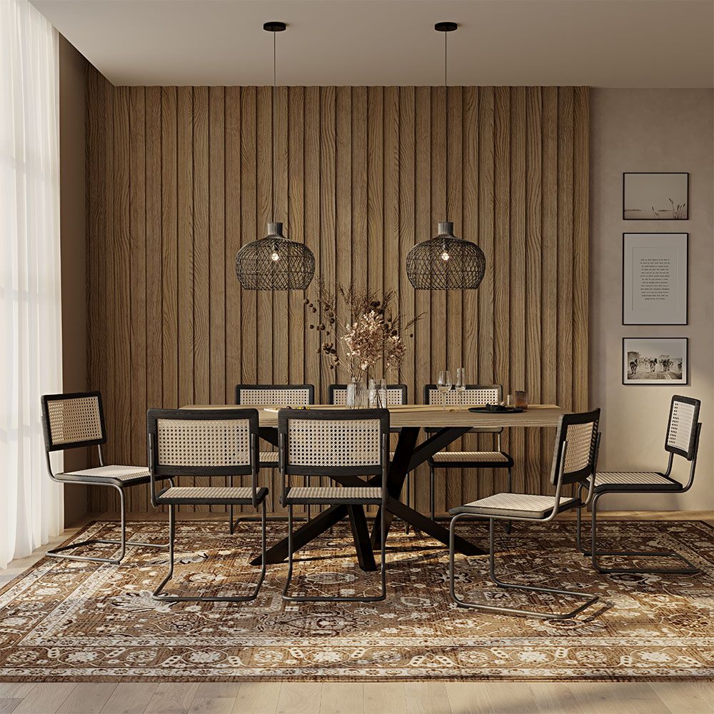Pack Mesa Industrial (200cm) de madera & 8 Sillas de Rejilla de Ratán y Madera Negra - Lona