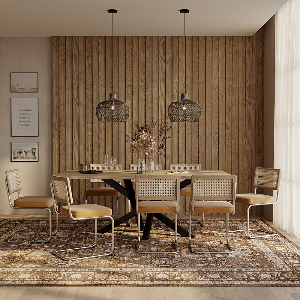 Pack Mesa Industrial (200cm) de madera & 8 Sillas de Rejilla de Ratán y Terciopelo - Wanda