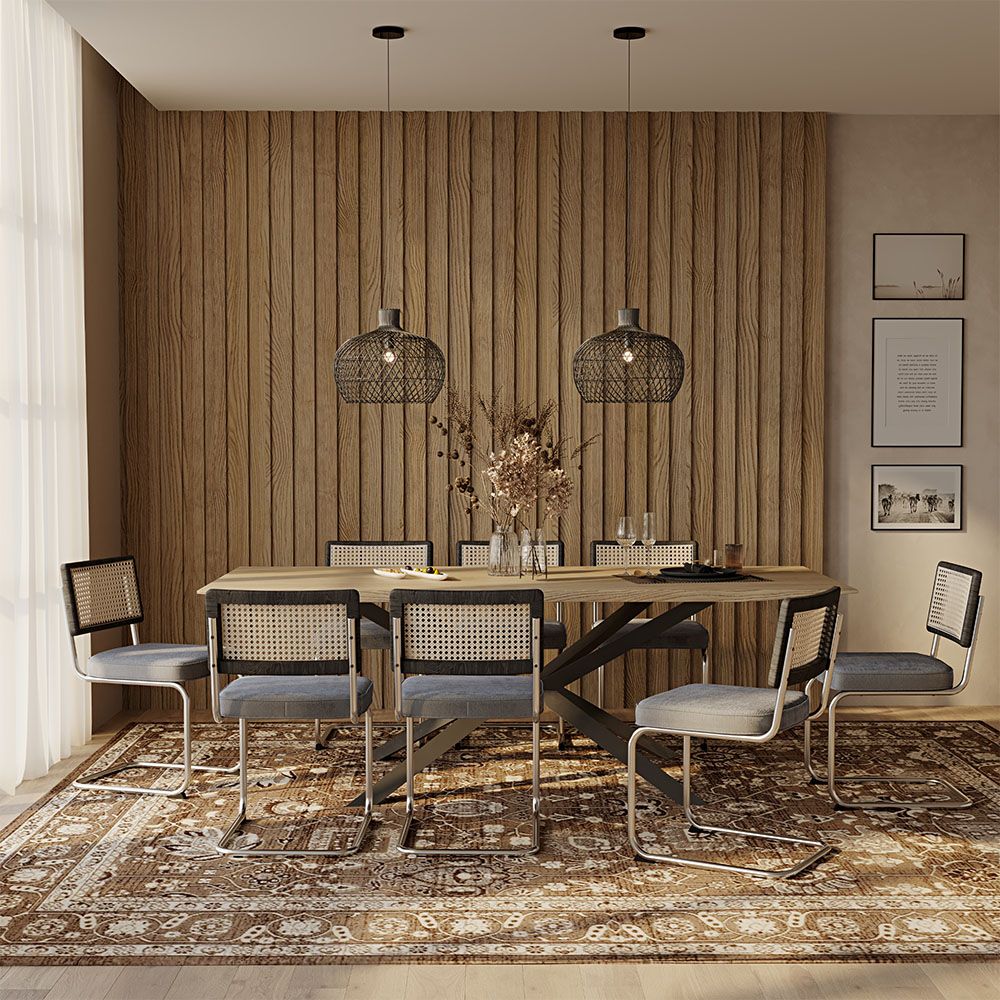 Pack Mesa Industrial (220cm) de madera & 8 Sillas de Rejilla de Ratán y Terciopelo - Jenka